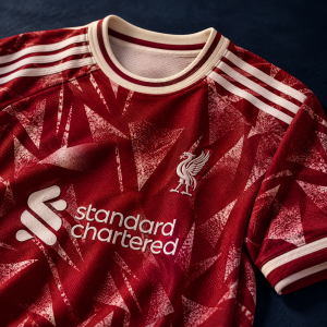 Close-up of a red Liverpool jersey with patterned fabric