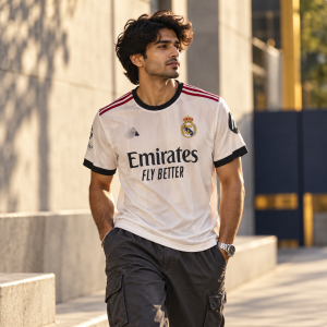 Model wearing a white Real Madrid jersey outdoors