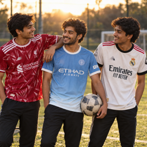 Three friends wearing football jerseys beside a pitch