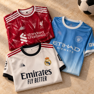 Folded Liverpool, Manchester City and Real Madrid jerseys